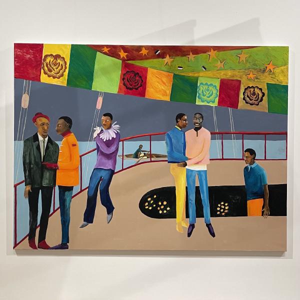 a painting of different black men stood around the edge of a big boat with a red railing along its edges, sea in the background. The men are wearing jeans, yellow trousers, orange ones too, and one has an orange jacket, a purple jumper with a big white feather-looking collar, and there is a red green yellow orange patterned banner with stars along the upper third of the image