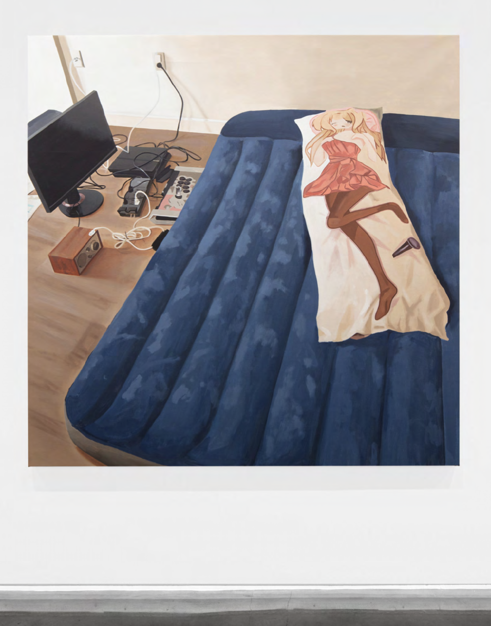 a painting of a blow up bed with an anime body pillow and a monitor and ps4 on the floor