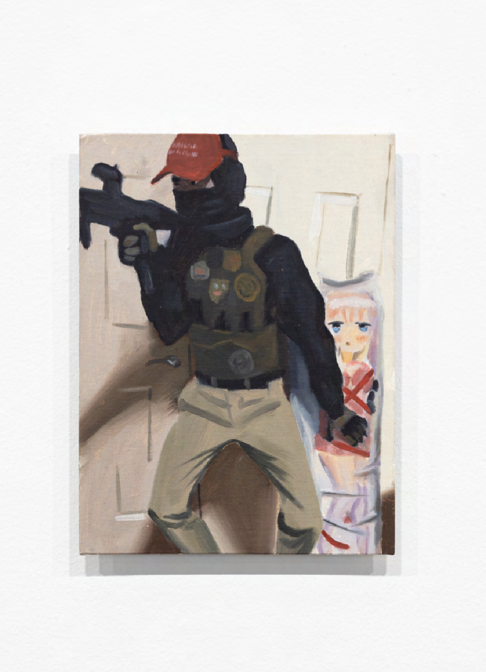 painting of a guy with bulletproof vest on and MAGA cap with a gun and an anime body pillow