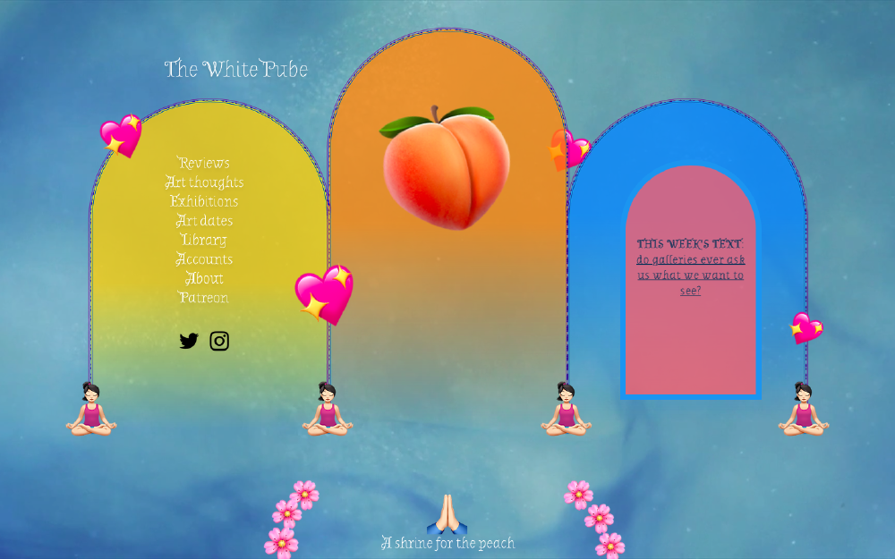 the white pube homepage with three colourful arches to hold the UI with a big peach emoji and a line saying a shrine for the peach