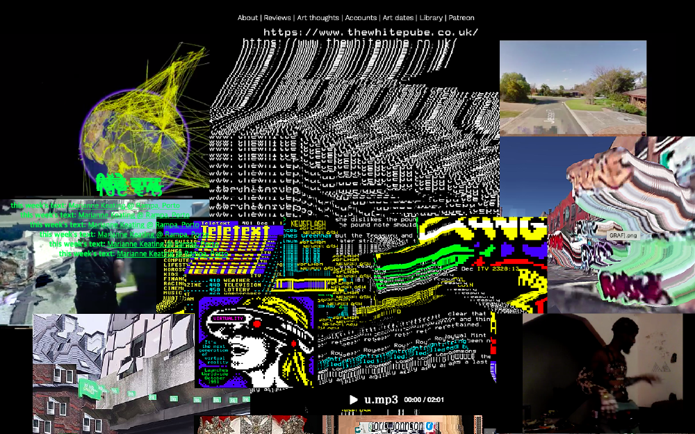 busy messy overlapping imagery and words on the white pube homepage that are wobbly in a glitch effect, with hintsa of buildings, streteview, and a globe covered in lines