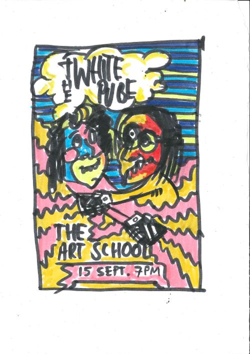 an art school poster advertising a twp talk but the drawing is really cartoonish and zany