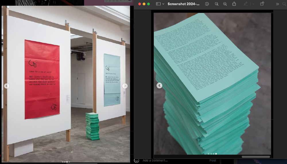 two shots from the exhibition showing two posters on walls that split the space alongside a turquoise stack of photos with the essay on