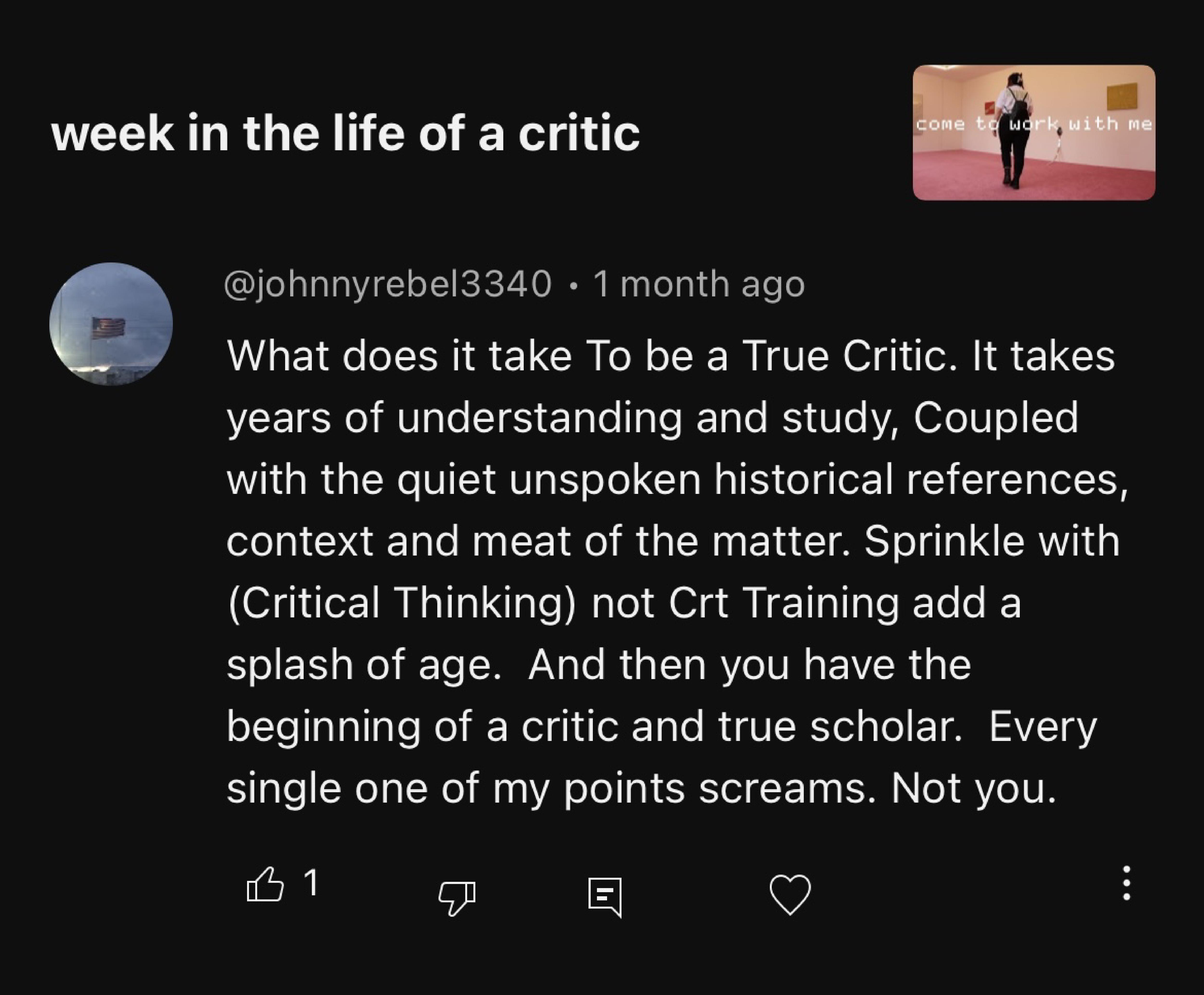 a youtube comment that says: What does it take To be a True Critic. It takes years of understanding and study, Coupled with the quiet unspoken historical references, context and meat of the matter. Sprinkle with (Critical Thinking) not Crt Training add a splash of age. And then vou have the beginning of a critic and true scholar. Every single one of my points screams. Not you.