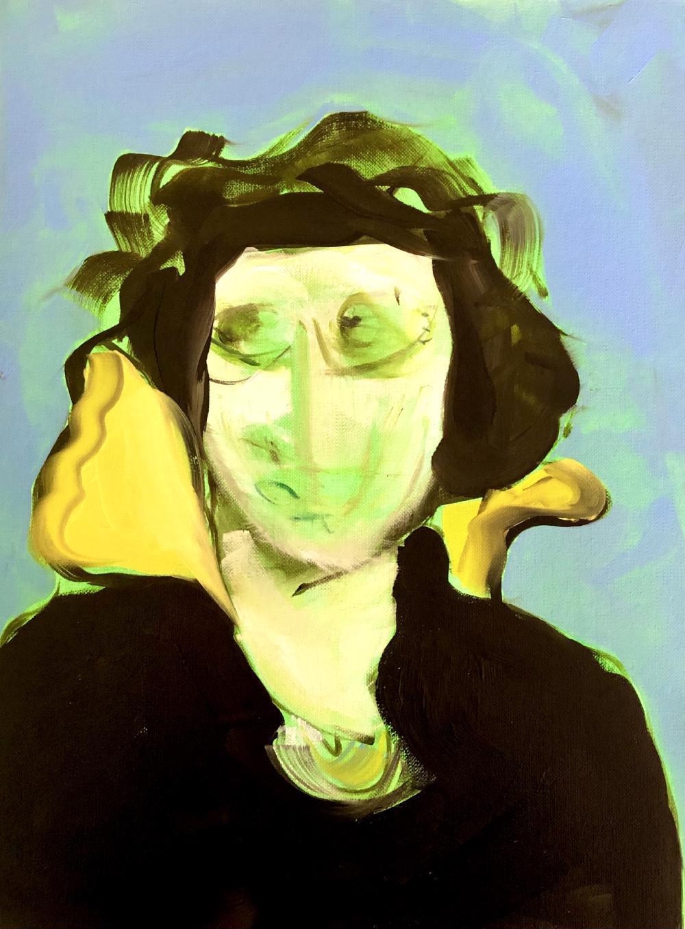 a painting of a woman with a blurred out face, with neon green underpainting, and black and yellow shapes to make out a shirt that comes up with a big colour, under short bobbed hair