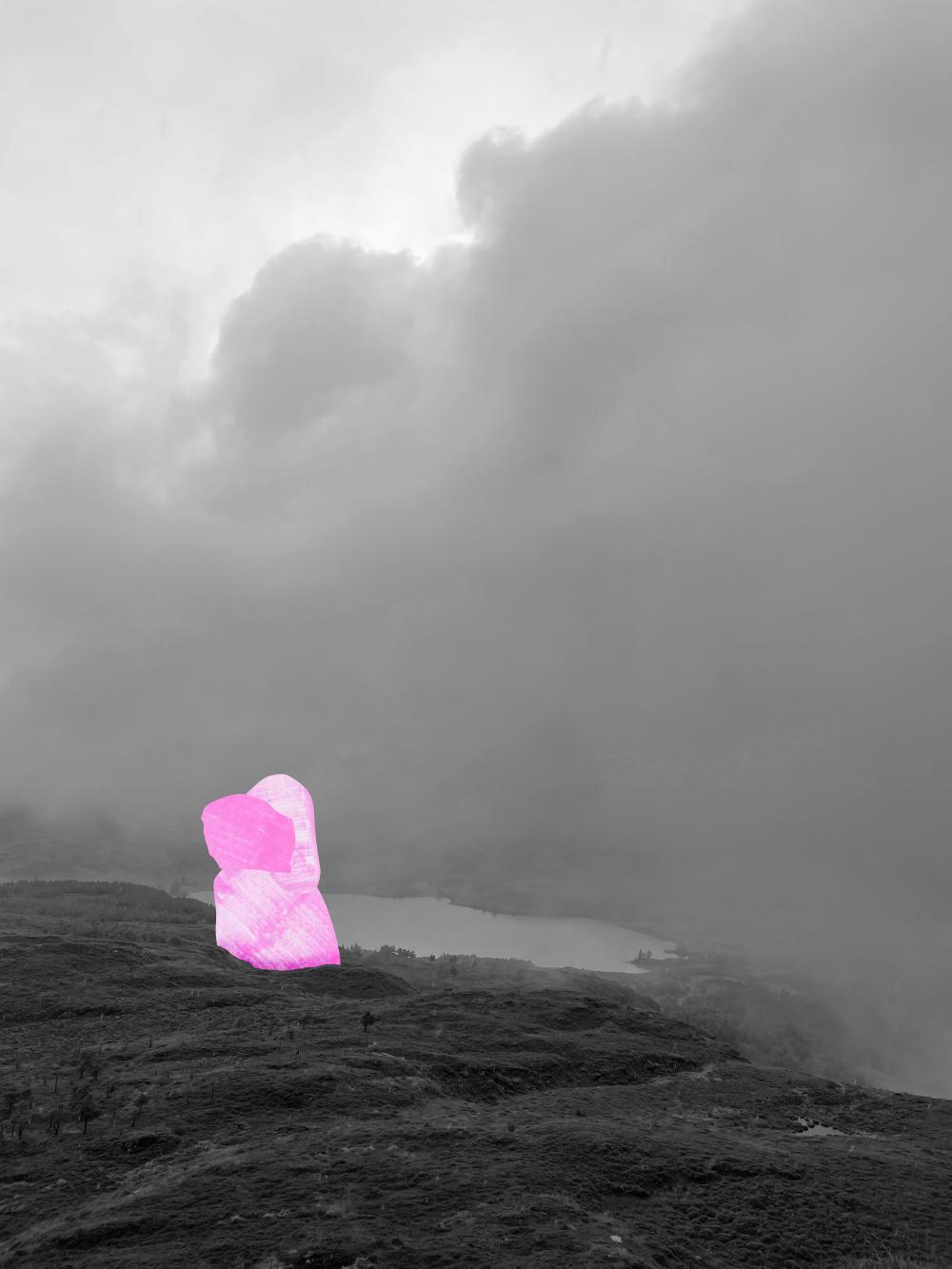 black and white photograph of the highlands on a cloudy day, misty lake in the centre, and the artist has edited a scanned drawing of pink felt tip colouring-in in the shape of a blog overtop, that almost looks like two rocks hugging