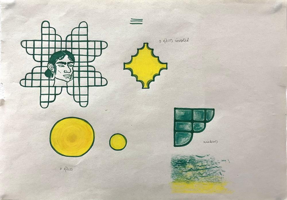 sketches on paper of embroidery patterns with a womans face at the centre, and other shapes coloured in yellow with green outlines