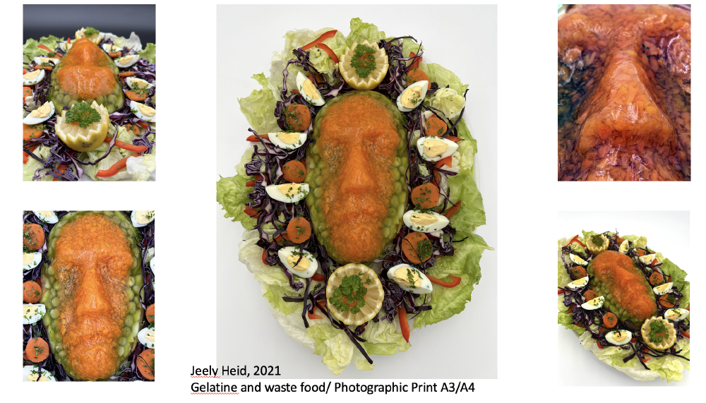 jeely heid, the name of an artwork made of gelatin and waste food, shows an orange face with green edges surrounded by a pattern of food like eggs and lemons