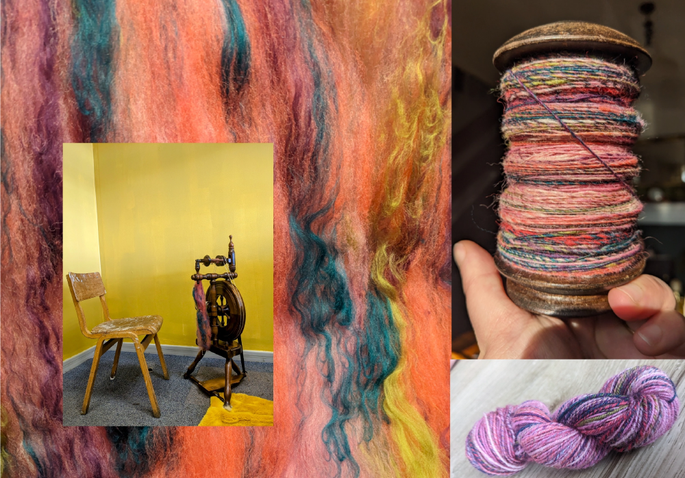 a picture of a chair and a tool for spinning yarn is in a yellow studio, set against multicoloured wool and next to a hand holding a reel of yarn