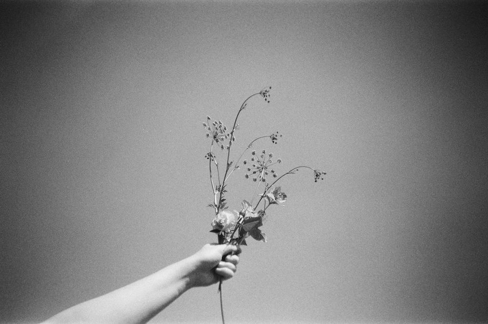 gab holds up a bunch of flowers against the sky 
