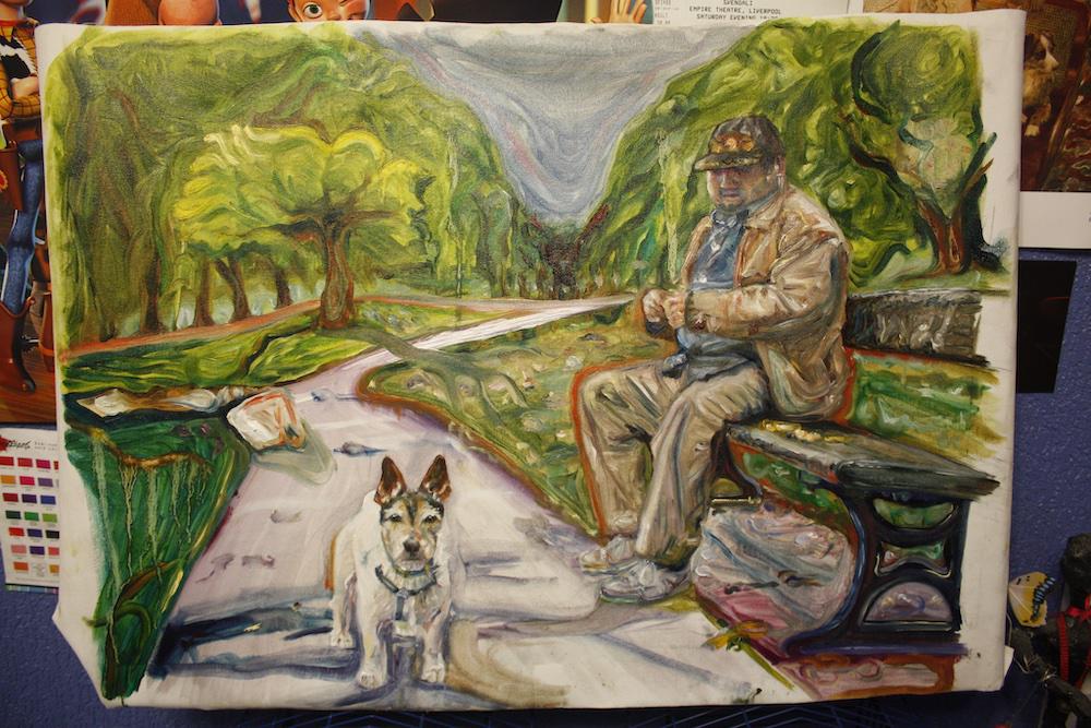 an oil painting so drippy and thin it looks like a strange watercolour, showing a man on a bench with a small white dog at his feet, park backdrop bright and green begind them
