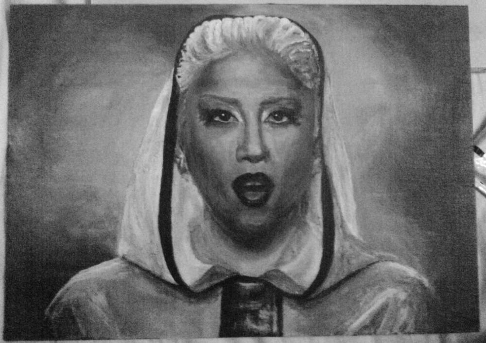 a black and white painting of lady gaga in the alejandro video, hooded in thin latex, serious and symmetrical