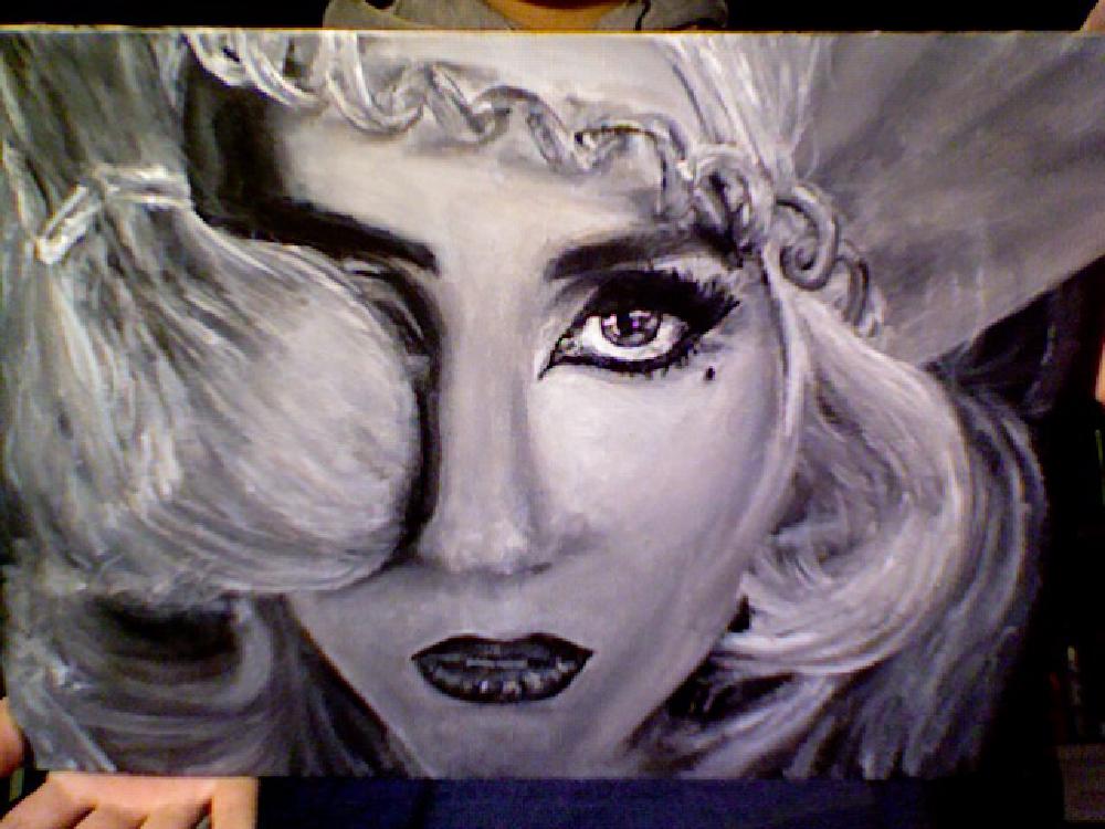 a black and white painting of lady gaga in the Telephone video where she has her hair moulded into an old school telephone and one end of it is covering her eye, and the curly wire is over her forehead