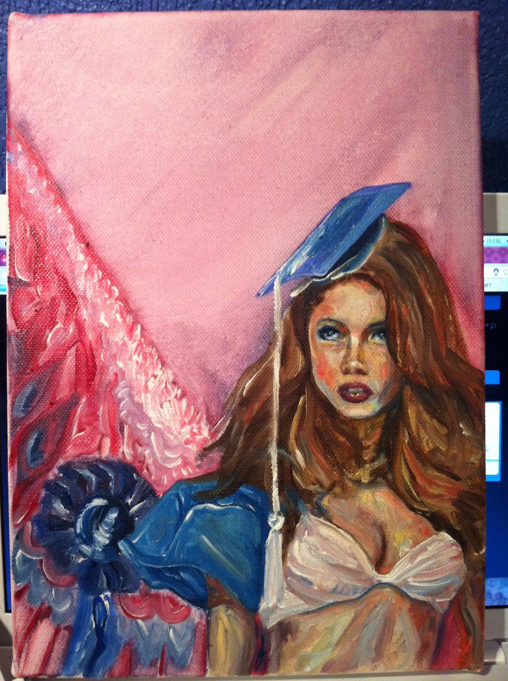 a painting of a victoria's secret angel wearing a university graduation cap, which i think I painted for a friend when we were leaving school