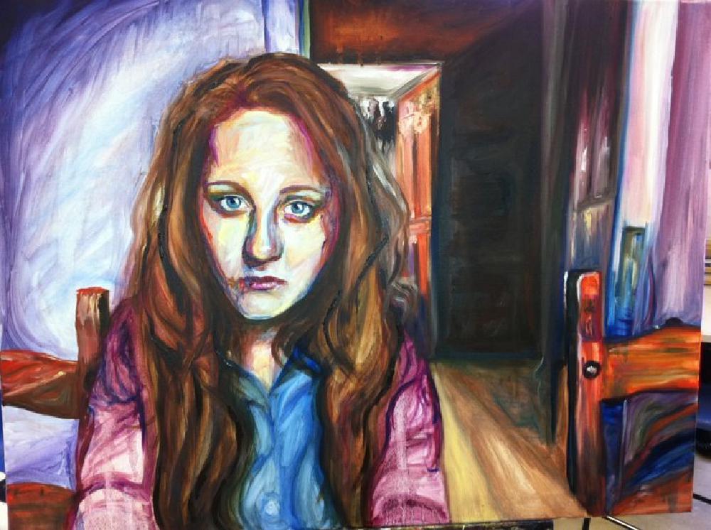 a painting of a white girl with brown hair, she looks pale and almost sick, sat at a dining table, chair either side, and a hallway disappears in the distance into dark