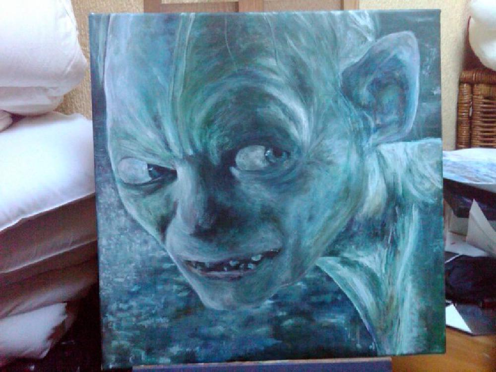 a painting of golum from the lord of the rings, all blues and greens, dry and scathing, he's making side eyes at someone off the edge of the image