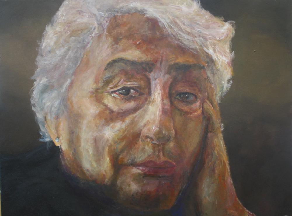 a painting of the greatest woman in the world, sheila kelly, my nan, brown skin white hair, hand resting lightly on her cheek as she always does when you ask if you can take a picture of her