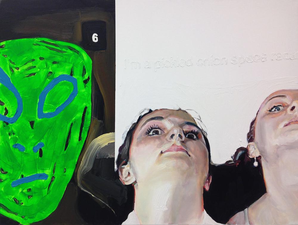 on one side of the painting, there's a green alien which is actually an oil painting recreation of a digital painting in a snapchat screenshot, and on the other side there's two white girls with their heads back looking like thumbs
