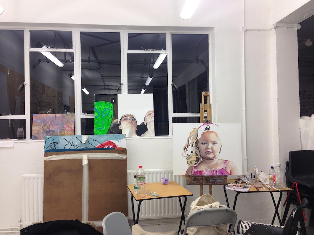 a studio shot of the honey boo boo painting and one of the snapchat paintings in the central saint martins fine art studios in archway