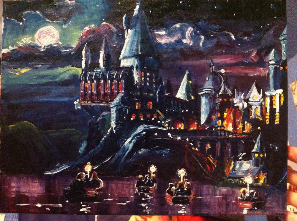 so random but it's a painting of hogwarts, tiny and at nighttime, boats with lanterns crossing the water over to the castle