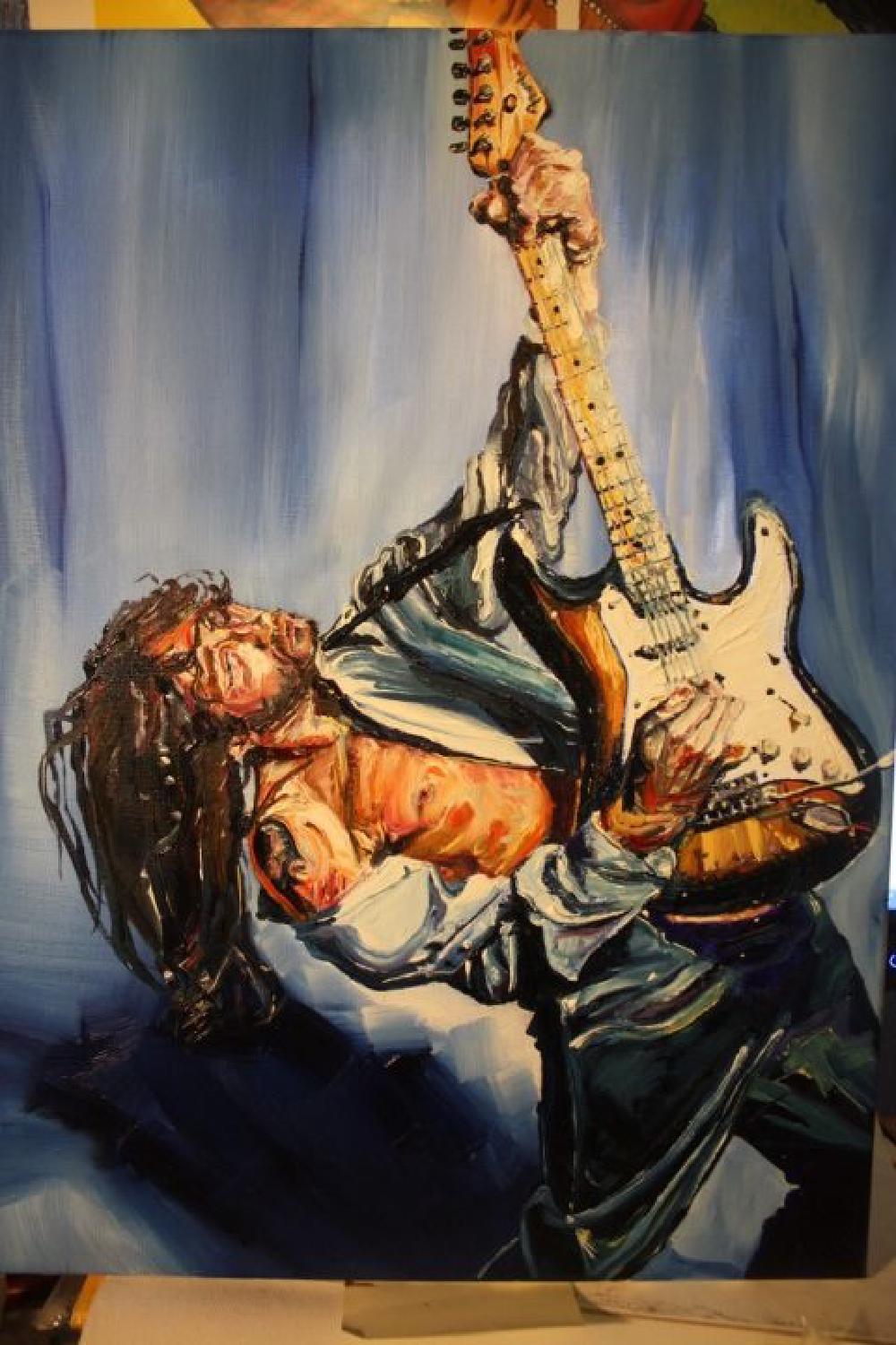 a painting of a man with long hair leaning back as he plays a guitar which he's holding high, and his shirt is open and his chest is bare