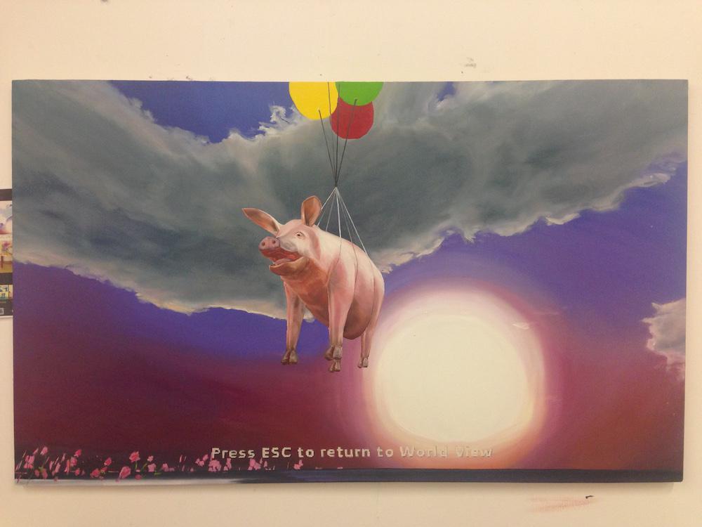 a pig is fying because it's being pulled up by a bunch of balloons around it with strings, in front of a dark green rain cloud, over a sunset where a white sun blows out into a rich yellow-pink-purple sky, and text on screen says press escape to return to world view in a pixelated style