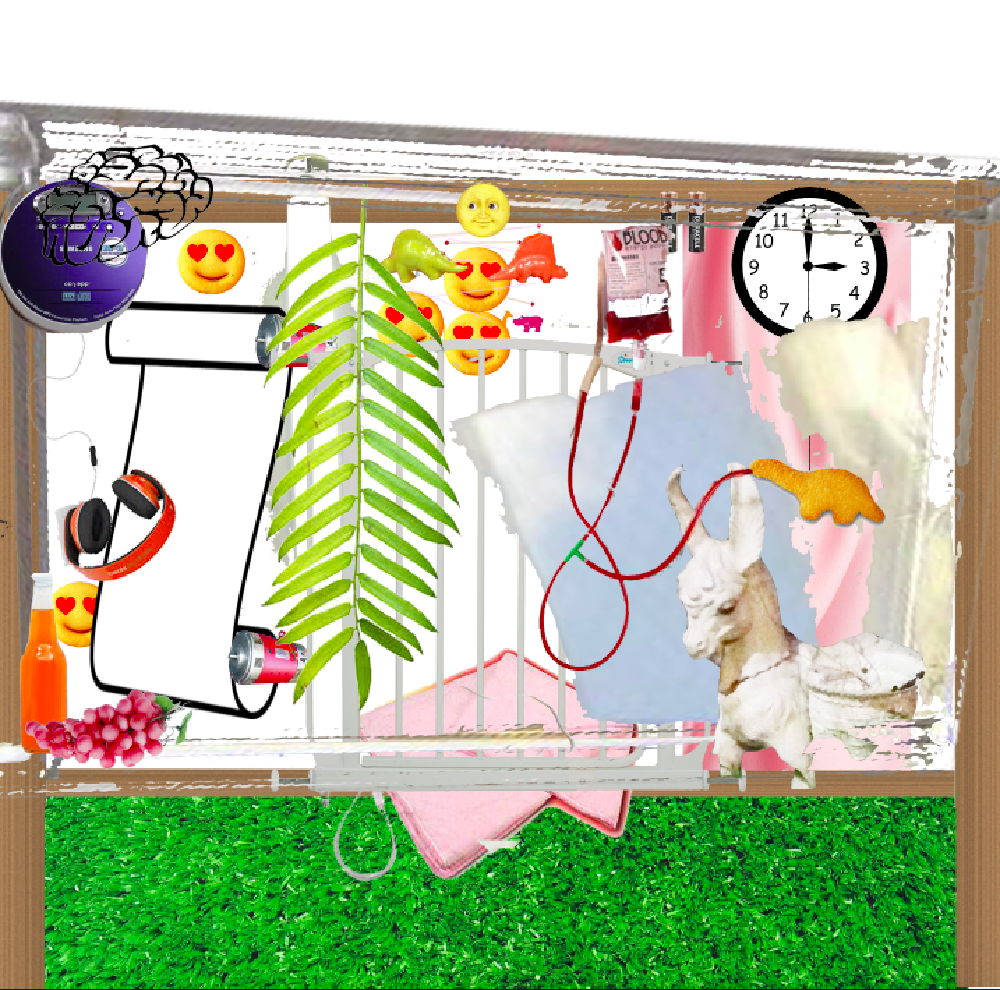 a bizarre digital collage shows a scene that includes fake grass at the bottom, a baby gate, a palm, potato smiley faces with love heart eyes, a turkey dinosaur, a clock, a blood bag, a black outline illustration of a brain and a scroll, headphones, grapes, and an orange drink in a glass bottle
