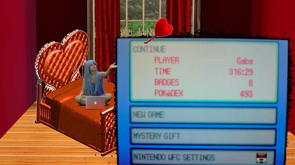 another digital scene, gab is sat on a bed all red and Sims-like, blowing a kiss to an embedded picture of her Pokemon diamond save file that shows 316 hours of playtime 