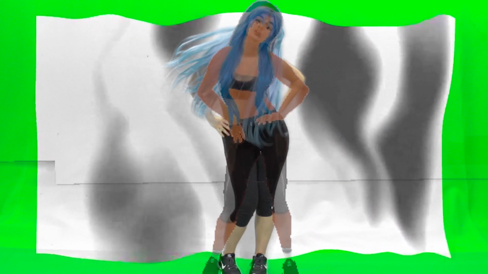 a green background with a white flag blowing in the wind, all digital, and in front gab is swaying her hips overlaid on a digital version of herself, both wearing black gym gear and a long blue wig