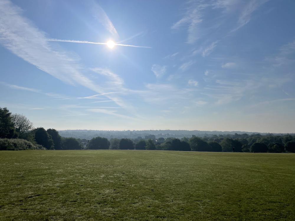 a field in Liverpool, sunny morning sky, whispy clouds, empty and good