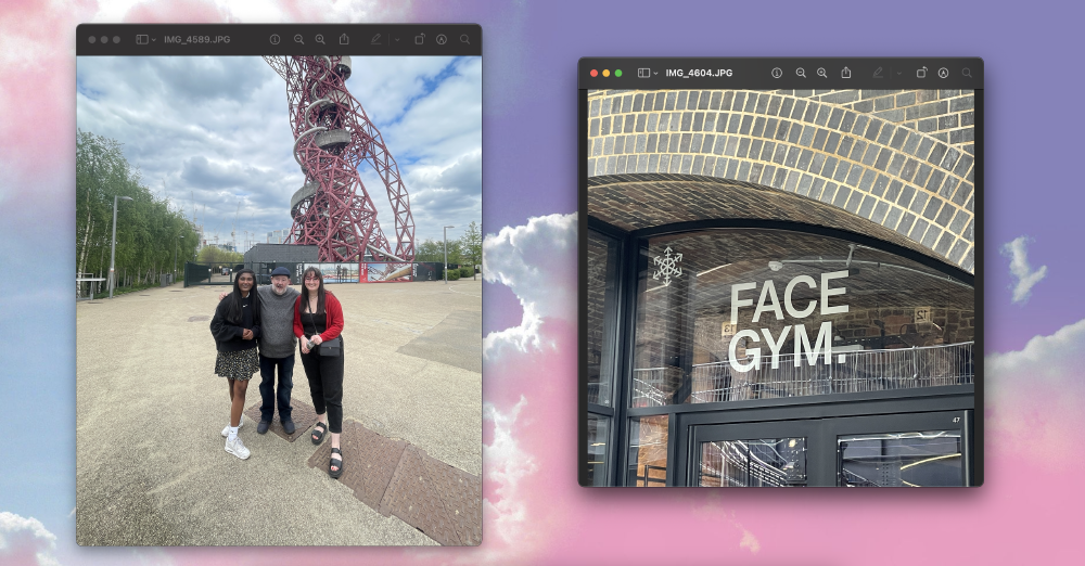 Zarina, Johnny Vegas and Gabrielle stand smiling in front of the Arcelor mittal Orbit, which is a tower and 2012 piece of public art in London - then there's also a close up of a shop called Face Gym, and the images are all hovering over a pink sky edit