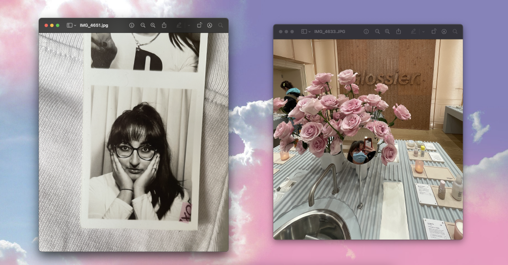 Gabrielle puts her hands under her chin in a black and white photo booth photo, and then there are pink roses in Glossier