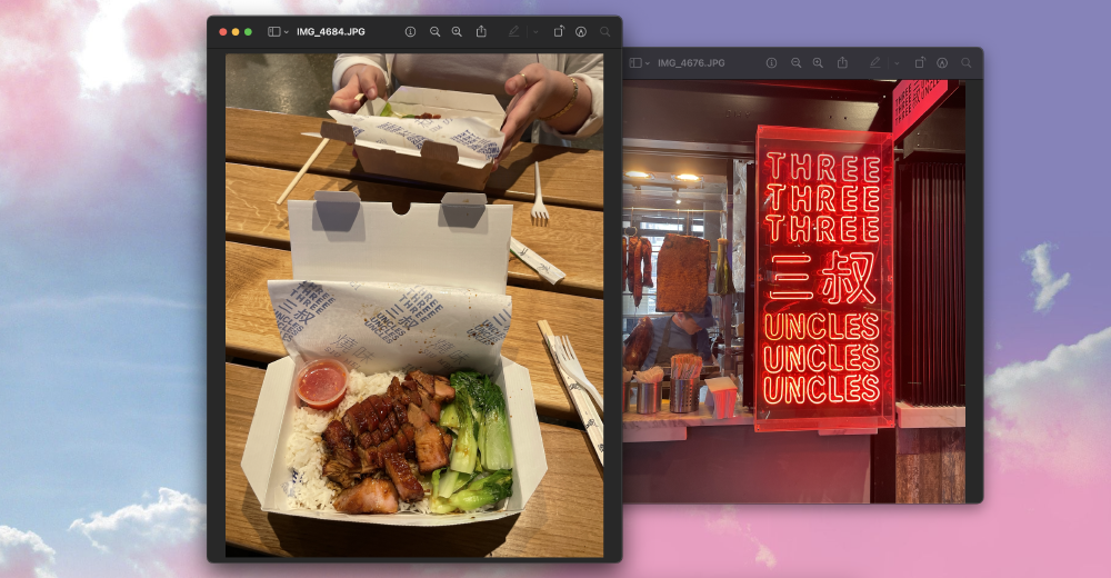 char sui with rice and pak choi next to a red neon sign for Three Uncles in Camden