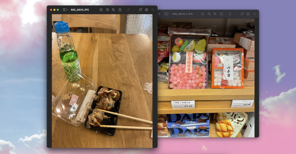 octopus fried balls with chopsticks and a melon fizzy drink, next to some hard candies on the shelf in japan centre