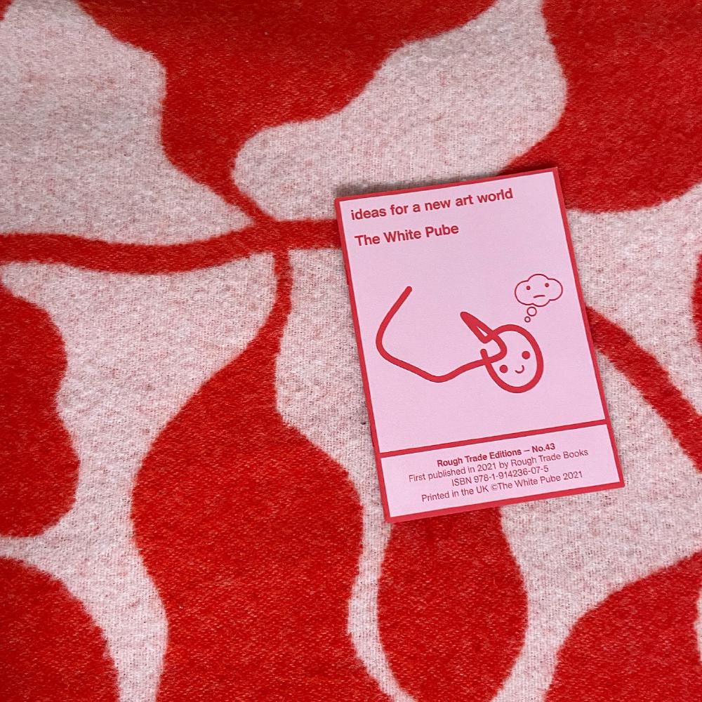 the pamphlet itself, which is pink with a red border and a red smiley pube logo in the centre, is against a blanket in the same colours and a leafy pattern