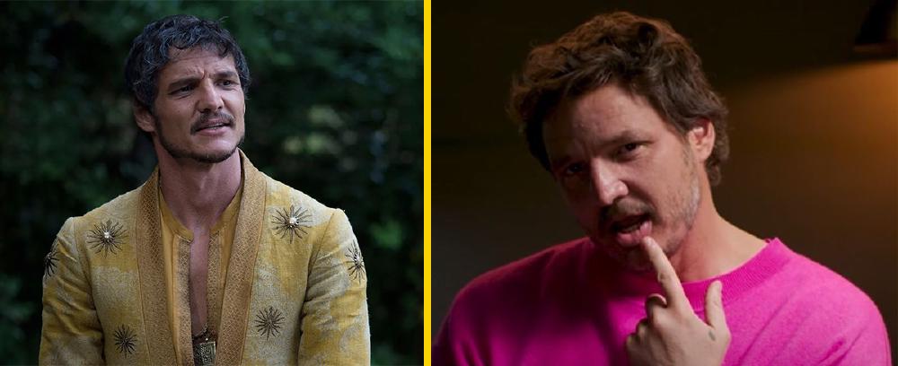 splitscreen photo with his game of thrones character looking slick on one side, and then pedro with a finger to his mouth looking saucy on the other