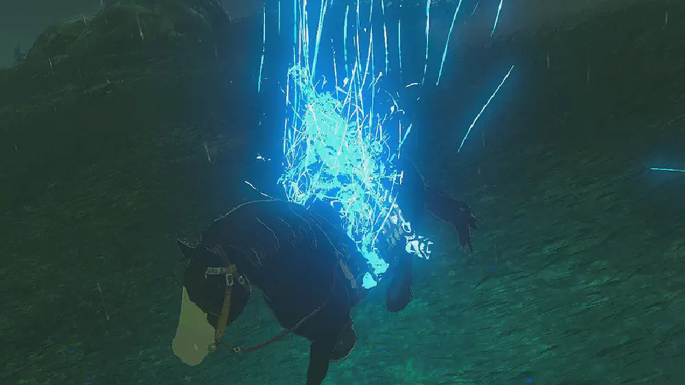 in breath of the wild, link ascends from his position on a horse up into the air in stringy blue lights and lines