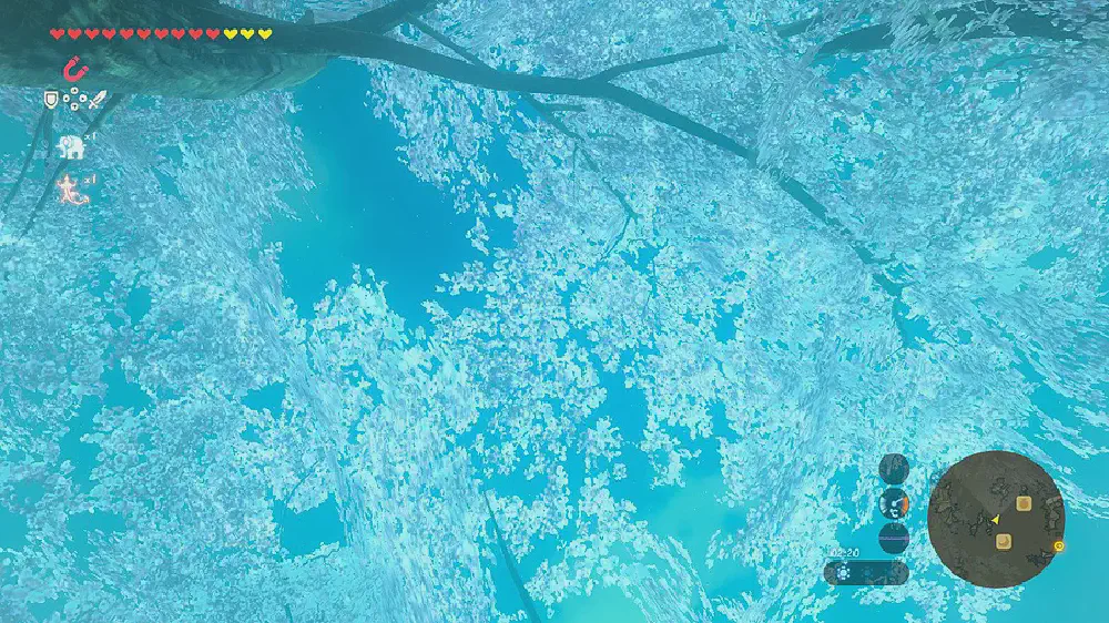 looking up at the sky in breath of the wild, there is a tree glowing with blue leaves, lit by moonlight and the same blue sky behind it at night