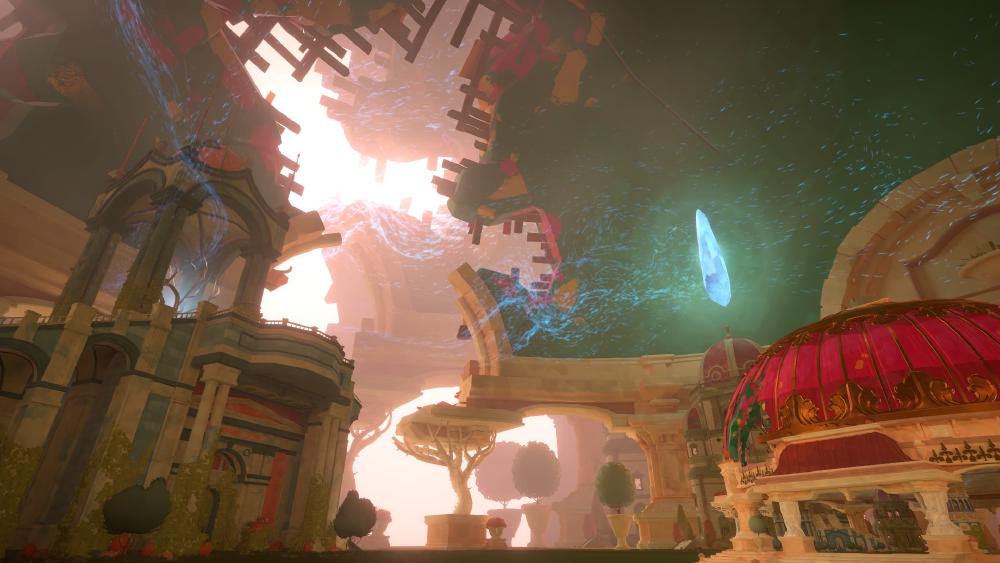 a glowing blue rock floats in the air above a pink domed building in the video game Maquette