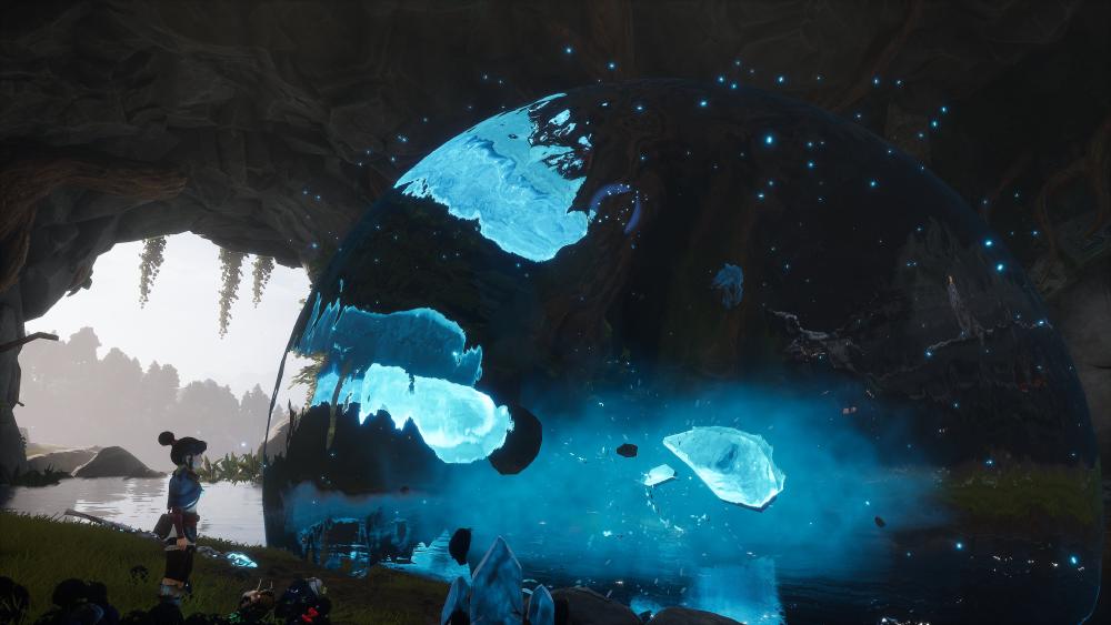a dark cave in kena bridge of spirits is lit up with a floating blue stone that is trapped in a huge water bubble