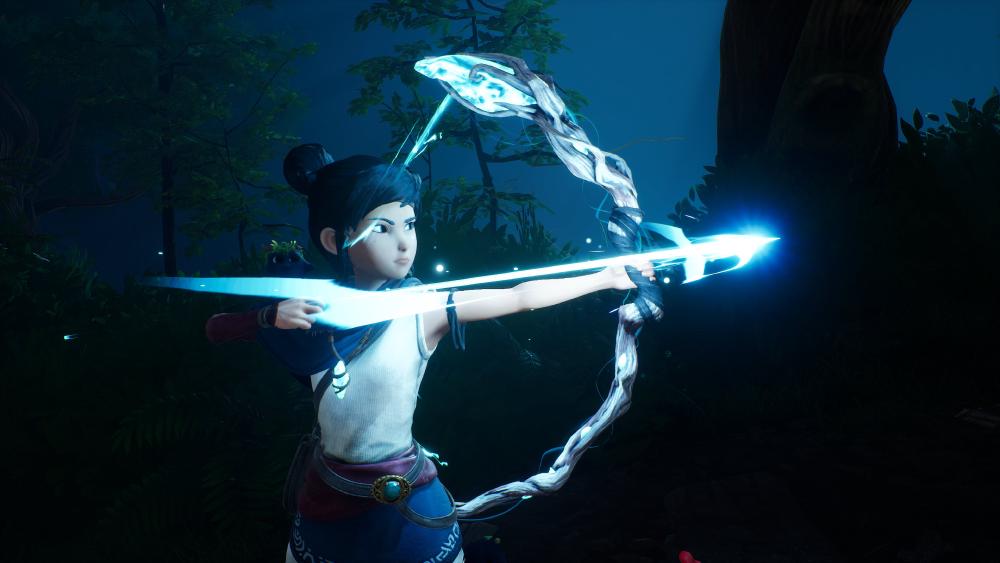 kena pulls an arrow back in a bow ready to shoot, scene around her completely black, but both her bow and the arrow are made of blue light