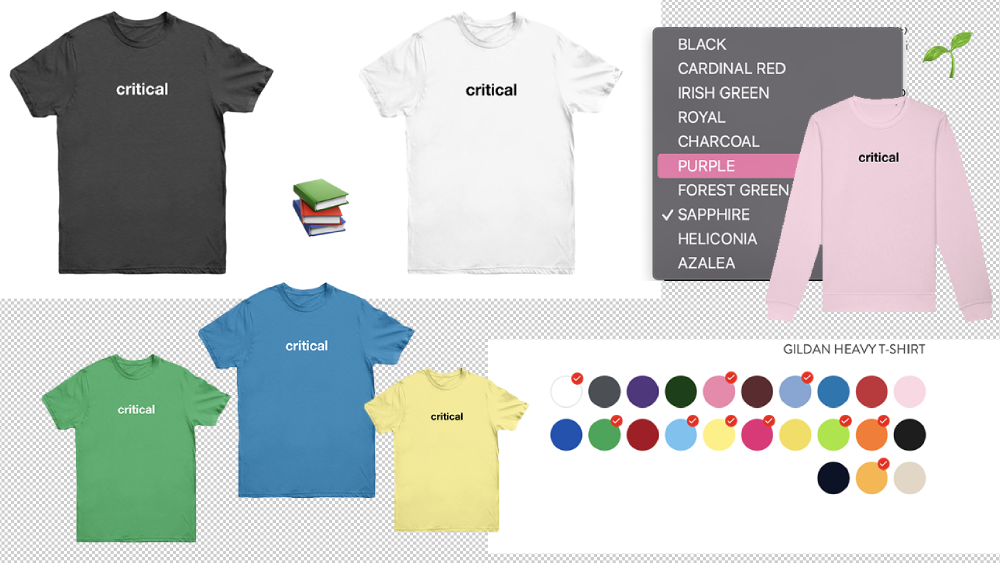 tshirts with the word 'critical' on the chest on different coloured shirts