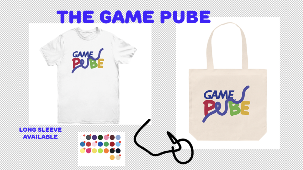a game pube logo on a white tshirt and a canvas tote bag