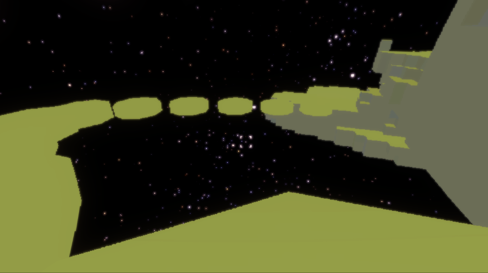 green platforms float in space and curve round to a field of blocks