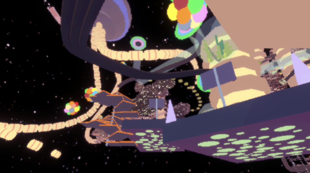 a view looking up at the huge city of an obstacle course with all its shapes and colours, suspended in space