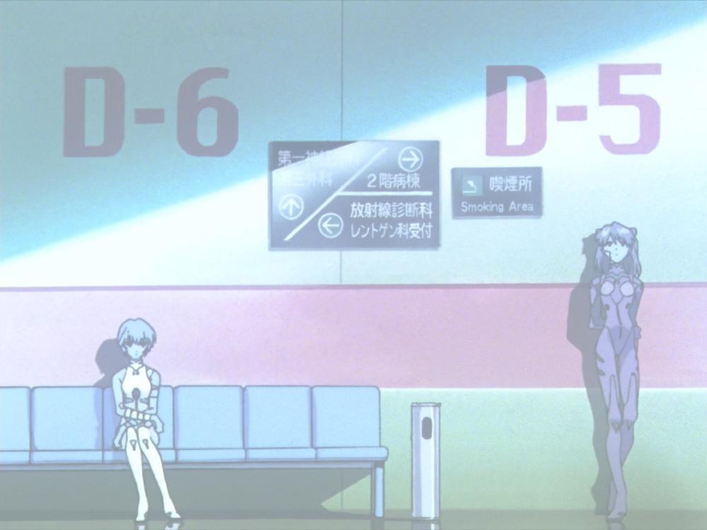 two girls sit and stand in a waiting room, the colours are milky and pastel in a scientific looking corridor, maybe a hospital