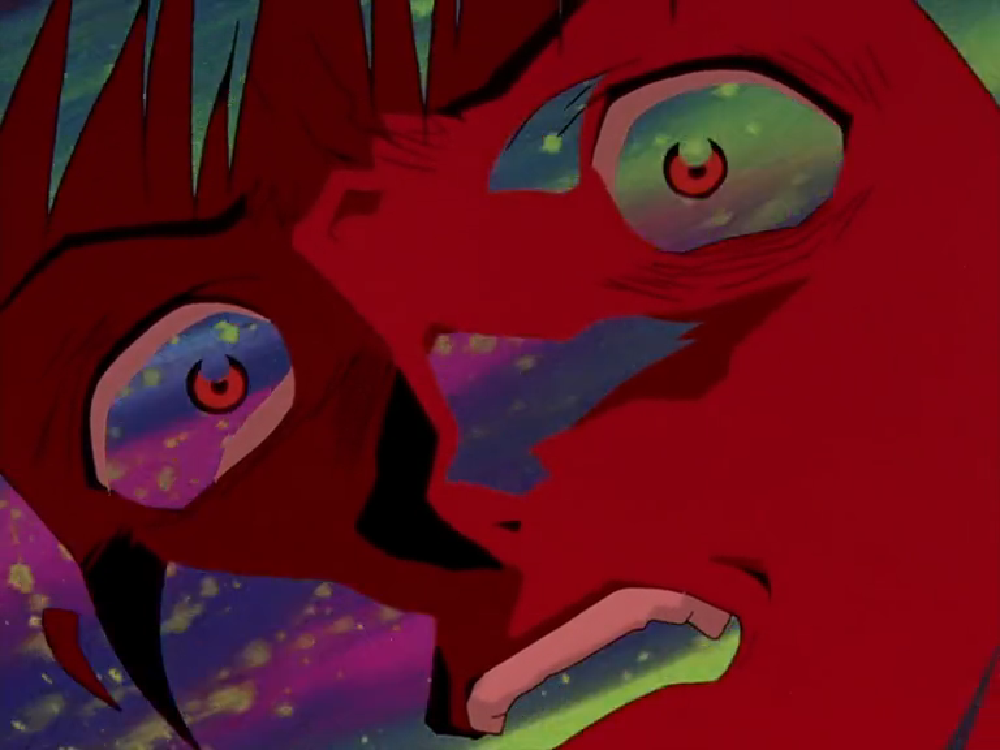 the main character Shinji Ikari's face is close up, shocked, and the colours have been shifted massively so he is bright red and there is a galaxy visible behind his eyes and in the shadows of his expression