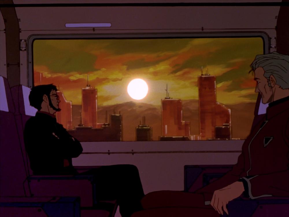 two men watch the sunset out of the window of a train, sun going down between skyscrapers, the colours are muddy and yellow and green and red, sky is painterly and tired