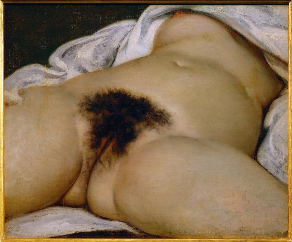 low angle painting from between a white woman's legs, lying down, focused on her dark pubic hair 