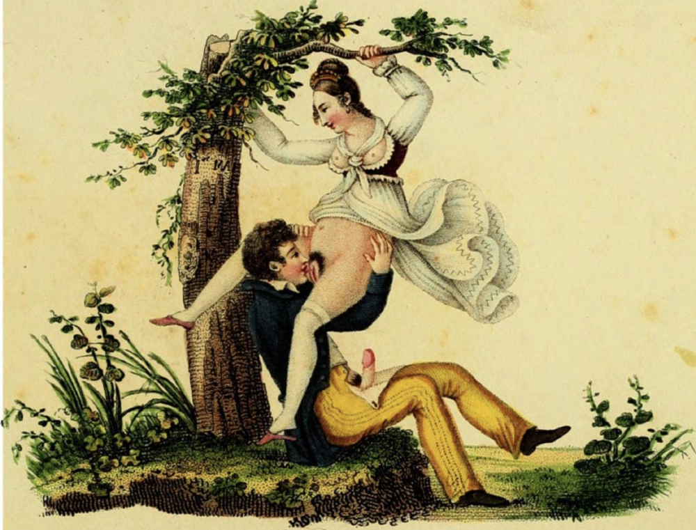 a woman swinging on a tree with her dress flying to the side and a man licking her clit from below, his dick poking out of yellow pants, victorian style